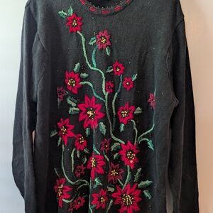 Vintage Holiday Sweater with Poinsettia Embroidery